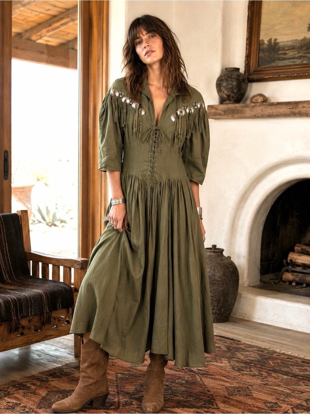 Vintage Karen Alexander 80s 90s Green Lace Front Leather Tassel Midi Dress Small